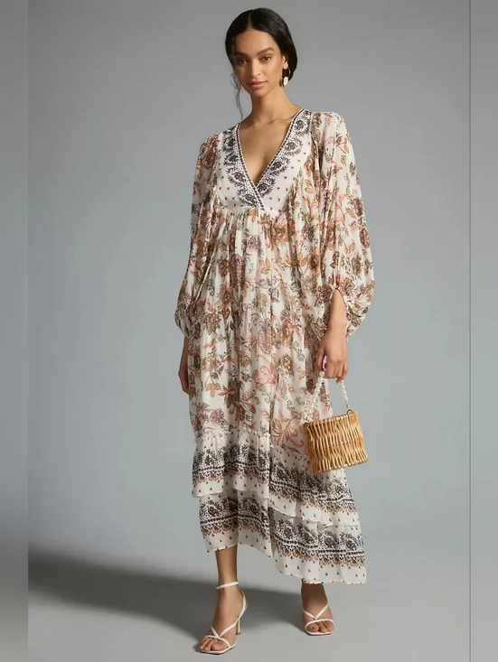 Anthropologie Boho Floral Maxi Dress Balloon Sleeve V-Neck Size SP - Picture 1 of 7